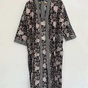 Black cotton Kimono, Floral Printed Vintage Boho LoungeWear Cotton Kimono Dress, Soft and Comfortable Nightwear for Summer, Bridesmaid Robes image 6