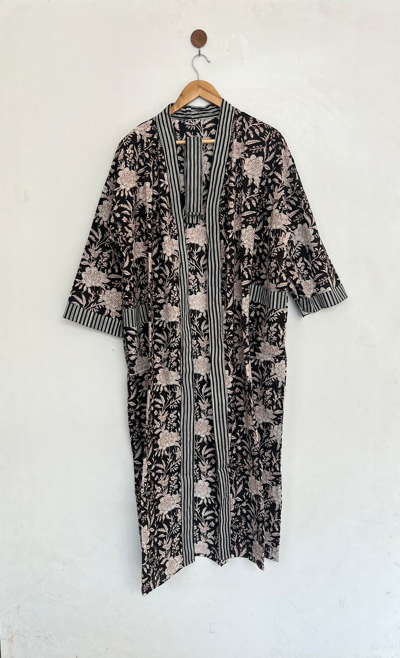 Black cotton Kimono, Floral Printed Vintage Boho LoungeWear Cotton Kimono Dress, Soft and Comfortable Nightwear for Summer, Bridesmaid Robes image 6