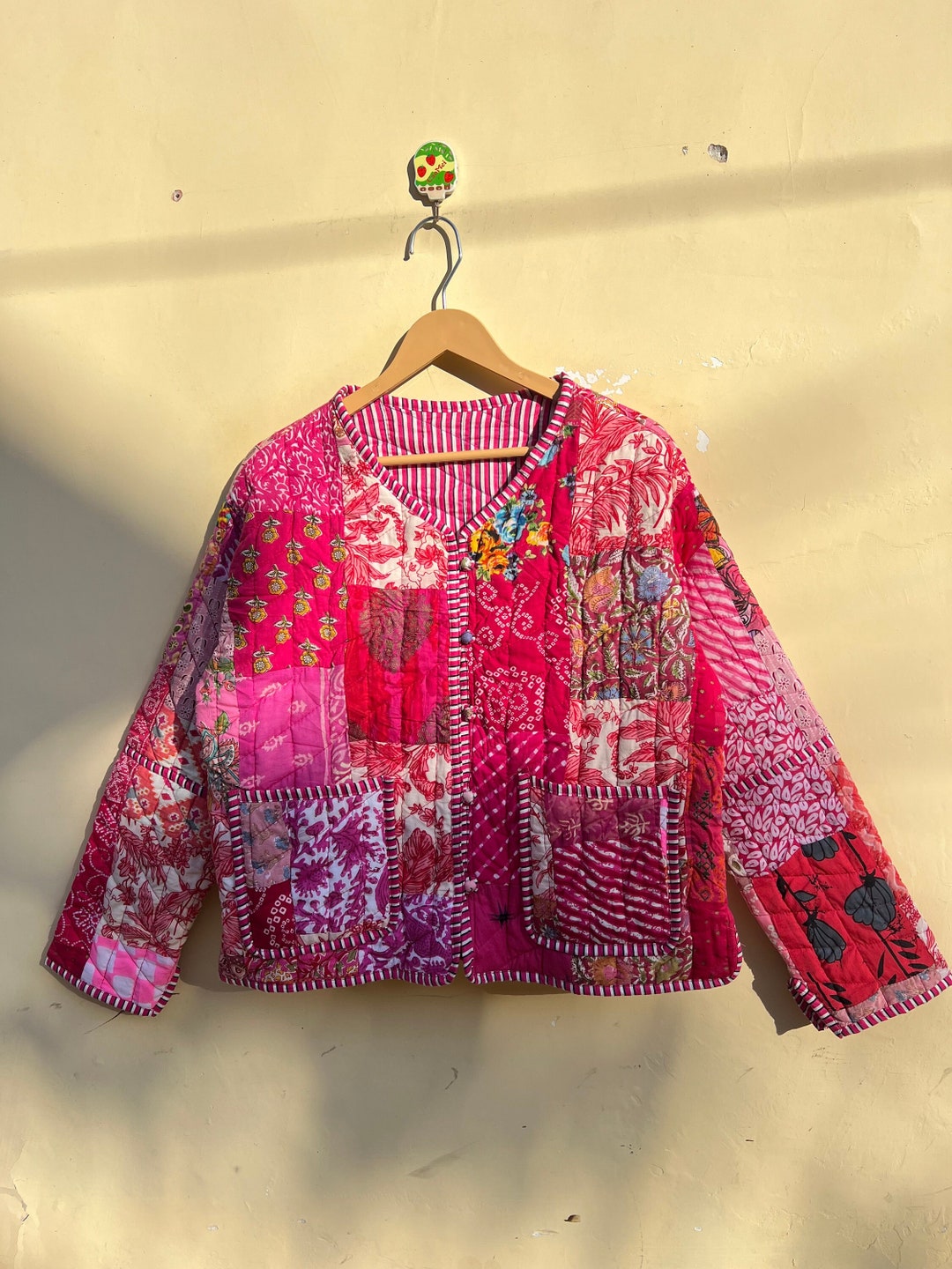 Pink Handmade Patchwork Jacket, Hand Stitched Cotton Patchwork Jacket ...