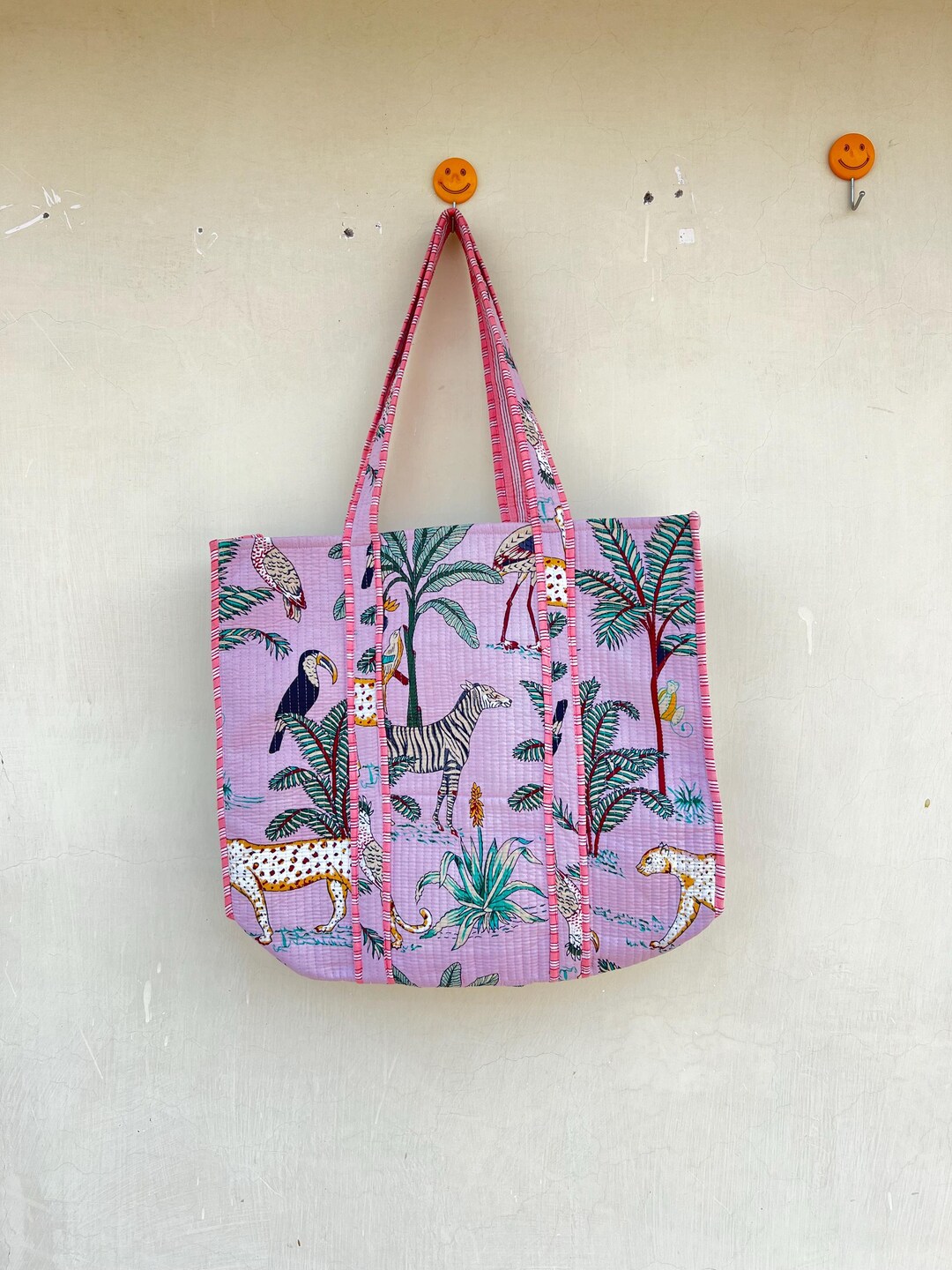 Handmade Quilted Cotton Tote Bag: Large Floral Block Print