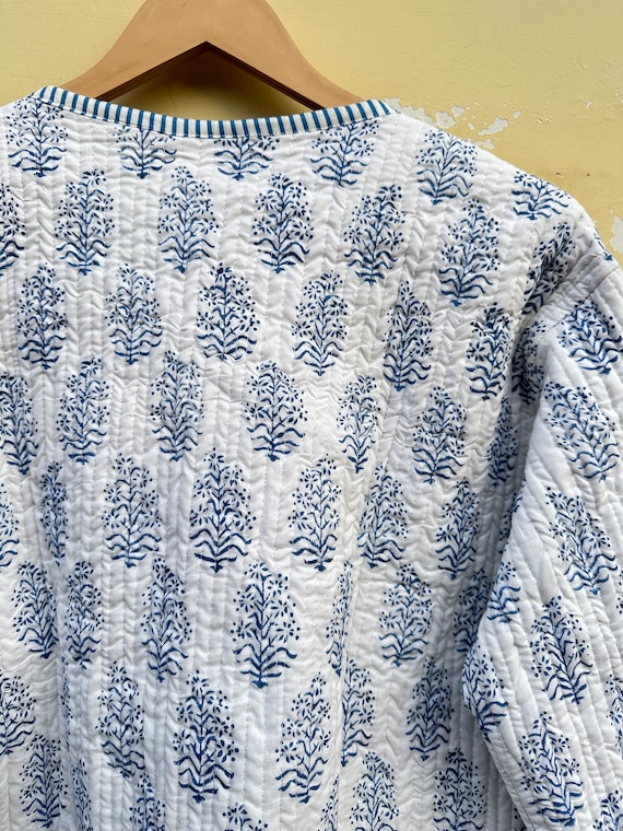 Hand Block Print Jacket, White and Blue Leaf Print Jacket