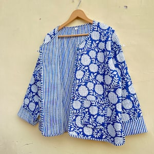 Handmade Block Print Cotton Quilted Jacket: Blue Floral Reversible Coat