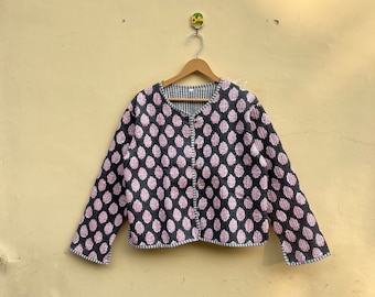 Blockprinted Steppjacke Frauen tragen vorne offene Kimono-Streifenpaspel handgemachte Vintage Steppjacke, Mäntel, neuer Stil, Boho-Doppelseite