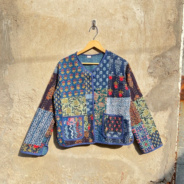 indian hand made kantha quilted real patch work reversible jacket women wear kantha coat and front pocket plain piping cotton patch work