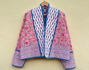 Chaqueta acolchada de flores reversible vintage, chaqueta acolchada, kimono corto Las mujeres usan chaqueta rosa de nuevo estilo, moda de invierno