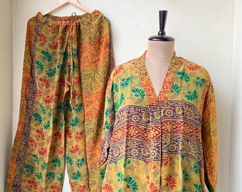 Conjunto de pijama de seda, bata y pantalón tipo kimono para mujer, pijama de novia de seda crepé, conjunto de descanso y ropa de dormir, regalo para ella.