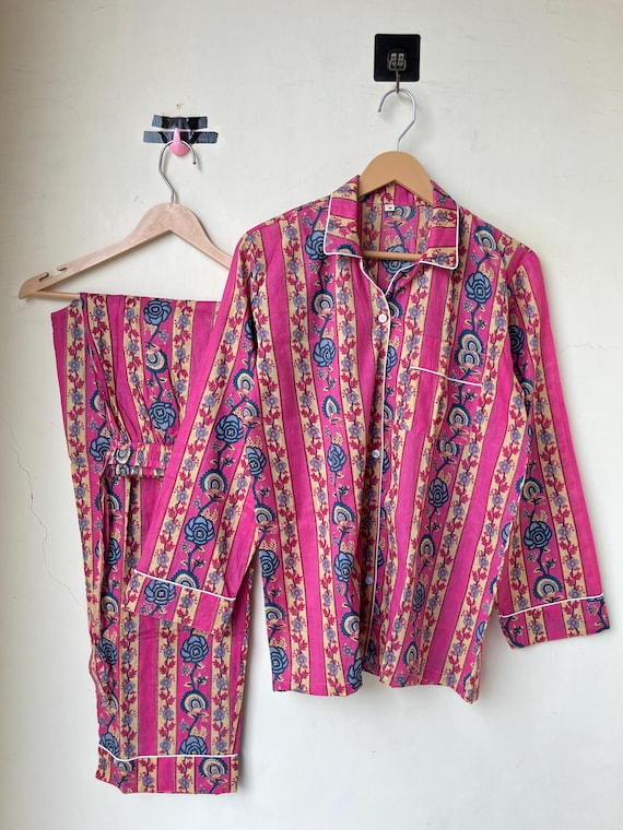 Indian Handmade Cotton Pajama Set, Printed Pajama Set, Comfortable Women's Night Suit, Shirt With Pajama Set, Women's Pajama Set, Gifts