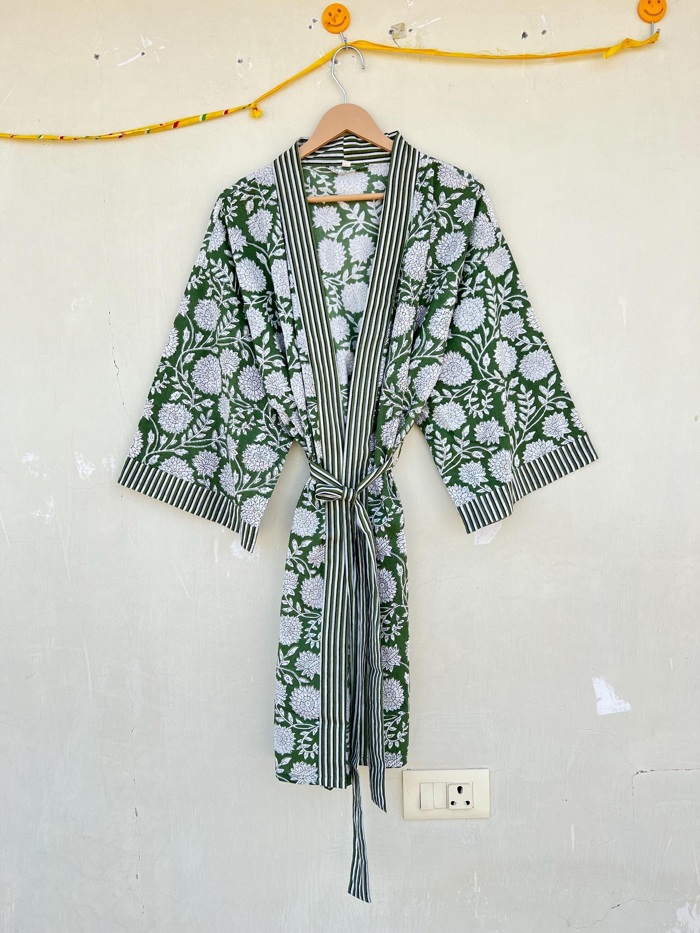 Indian Cotton Kimono, Floral Block Print Robe, Boho Beach Cover Up, Lightweight Summer Robe, Cotton Bathrobe