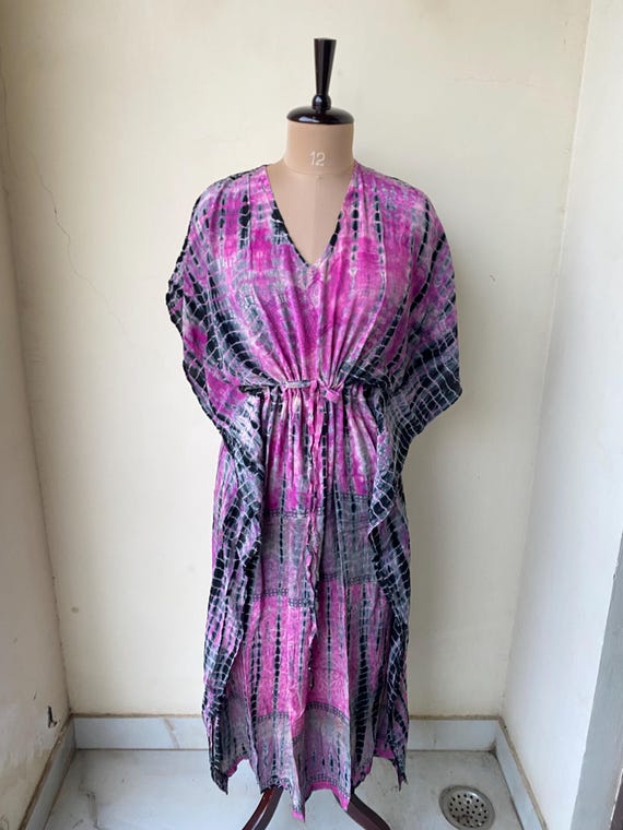 Handmade Tie Dye Crepe Silk Kaftan | Pink & Black Boho Caftan Dress | Lightweight Summer Resort Wear | Flowing Silk Dress Handmade Tie Dye Crepe Silk Kaftan | Pink & Black Boho Caftan Dress | Lightweight Summer Resort Wear | Flowing Silk Dress