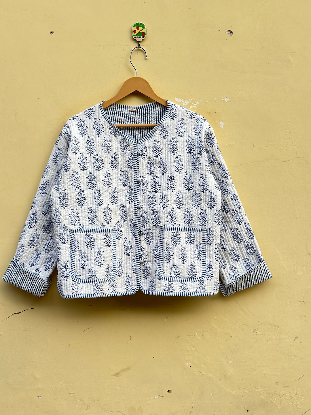 Hand Block Print Cotton Quilted Jacket: White & Blue Leaf Design