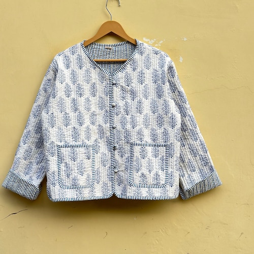 Hand Block Print Cotton Quilted Jacket: White & Blue Leaf Design