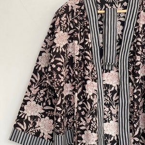 Black cotton Kimono, Floral Printed Vintage Boho LoungeWear Cotton Kimono Dress, Soft and Comfortable Nightwear for Summer, Bridesmaid Robes image 4