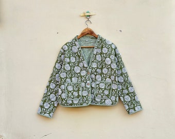 Hand Block Print Cotton Quilted Jacket: White & Blue Leaf Design