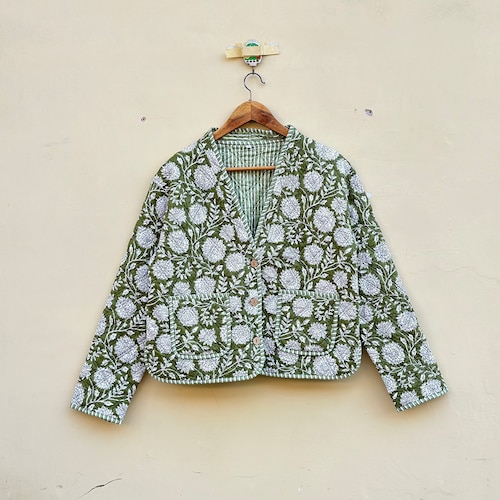 Hand Block Print Cotton Quilted Jacket: White & Blue Leaf Design
