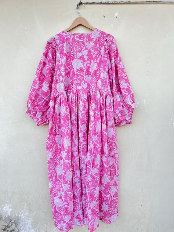 Floral Hand Block Print Pink Cotton Gauze Midi Dress, Mini Dress