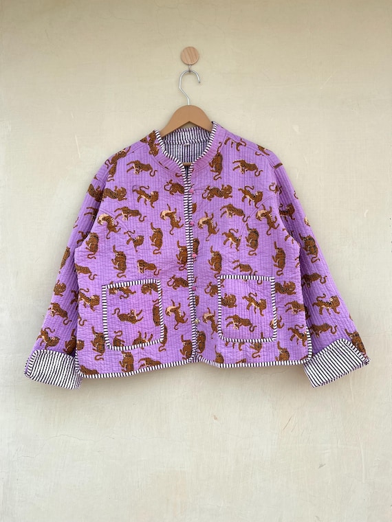 Reversible Tiger Print Hand Block Print Cotton Quilted Jacket Coat 