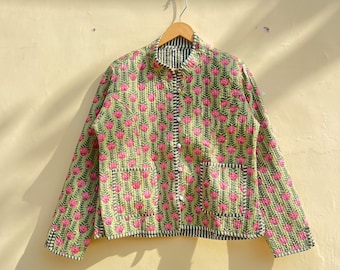 Giacca trapuntata in cotone con stampa a blocchi reversibile Giacca, Cappotto Kantha Sari in cotone, Giacca corta, Giacca trapuntata in cotone, Cappotto con stampa a blocchi