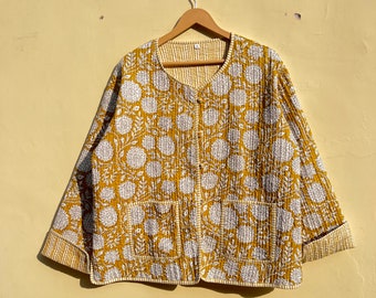 FullSleeves Yellow BlockPrint Quiled Boho Jacket and coat