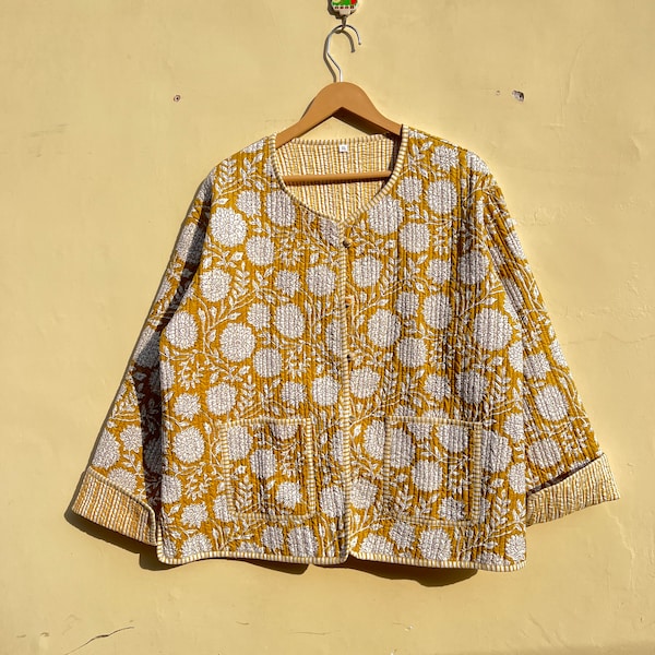 FullSleeves Yellow BlockPrint Quiled Boho Jacket and coat