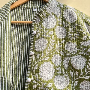 Groene en witte gewatteerde kraag jas vrouwen dragen streep leidingen handgemaakte vintage gewatteerde jas, jassen, nieuwe stijl, Boho dubbelzijdige slijtage, afbeelding 4