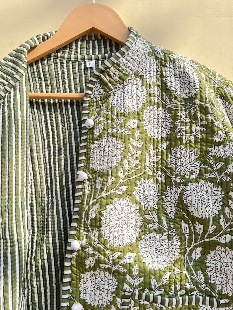 Groene en witte gewatteerde kraag jas vrouwen dragen streep leidingen handgemaakte vintage gewatteerde jas, jassen, nieuwe stijl, Boho dubbelzijdige slijtage, afbeelding 4