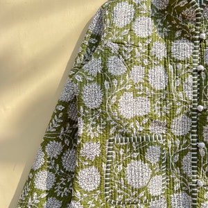 Groene en witte gewatteerde kraag jas vrouwen dragen streep leidingen handgemaakte vintage gewatteerde jas, jassen, nieuwe stijl, Boho dubbelzijdige slijtage, afbeelding 2