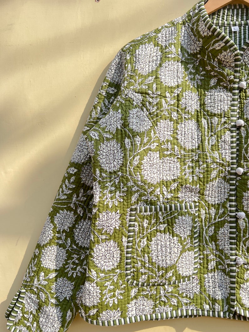 Groene en witte gewatteerde kraag jas vrouwen dragen streep leidingen handgemaakte vintage gewatteerde jas, jassen, nieuwe stijl, Boho dubbelzijdige slijtage, afbeelding 2