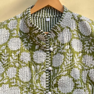 Groene en witte gewatteerde kraag jas vrouwen dragen streep leidingen handgemaakte vintage gewatteerde jas, jassen, nieuwe stijl, Boho dubbelzijdige slijtage, afbeelding 3