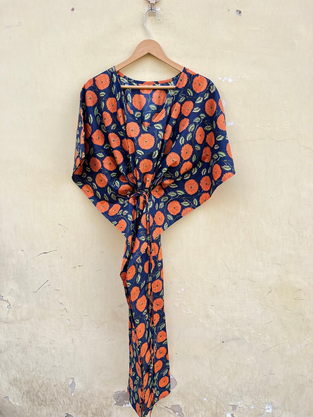 Hand Block Print Indian Cotton Kaftan - Maxi Gown, Beach Wear, Bikini Cover Up
