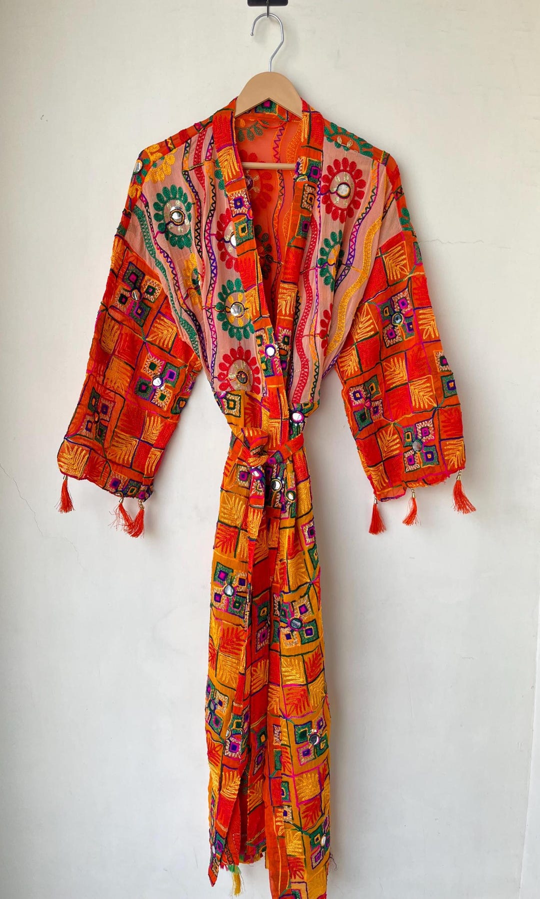 Kihara Robe Embroidered Phulkari Kimono Robe: Boho Resort Wear, Handmade - Etsy