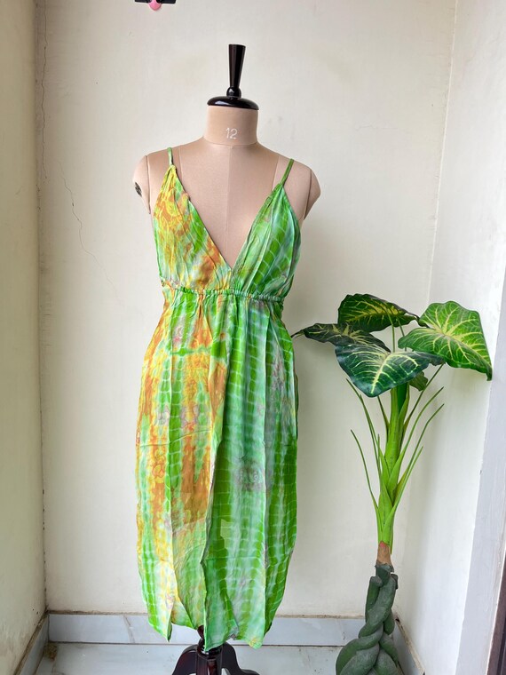 Handmade Tie Dye Silk Midi Dress: Vintage Boho Beach Party Wear