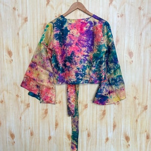 Silk Floral Tie Top, Full Sleeves Top, Summer Wear Crop Top, Front Tie Crop Top, Bell Sleeves Silk Crop Top, Blouse Wrap Crop Top