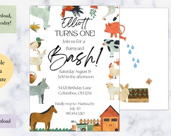 Barnyard Bash Birthday Invitation, Fully Customizable, Downloadable Template, Gender Neutral First Birthday, Modern First Birthday