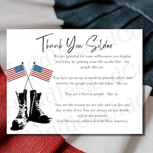 Thank A Soldier Thank You Card Care package Overseas Printable Veterans Day Thank You For Your Service Army Military Navy Marines Deployed