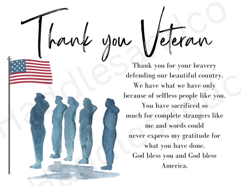 Thank A Veteran Thank You Card For Veteran Service Member Printable Veterans Day Thank You Service Army Military Navy Marines Honor Flight image 2