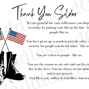 Thank A Soldier Thank You Card Care Package Overseas Printable Veterans ...