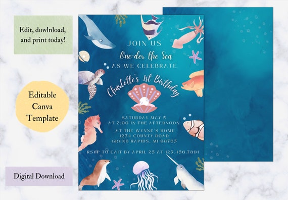 One-der the Sea First Birthday Invitation, Ocean Theme, Underwater Theme.  Pearl. Ocean Animals, Gender Neutral 