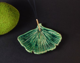 Ginkgo leaf incense holder in green Raku ceramic