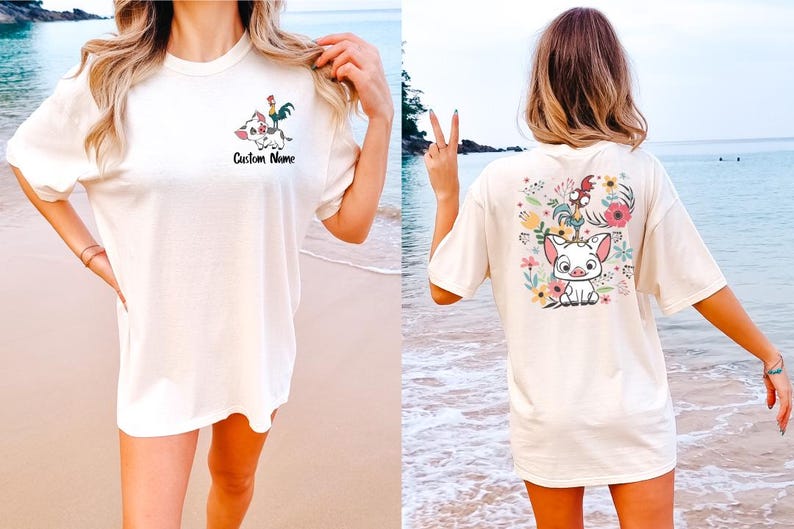 May include: An off-white short-sleeve t-shirt featuring a small graphic of a pig and a rooster on the left chest with the text Custom Name below it, and a large, colorful floral graphic with the same pig and rooster on the back.