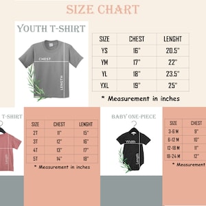 May include: Size chart for youth, toddler, and baby clothing. The chart shows the chest and length measurements in inches for different sizes of t-shirts and one-piece outfits.
