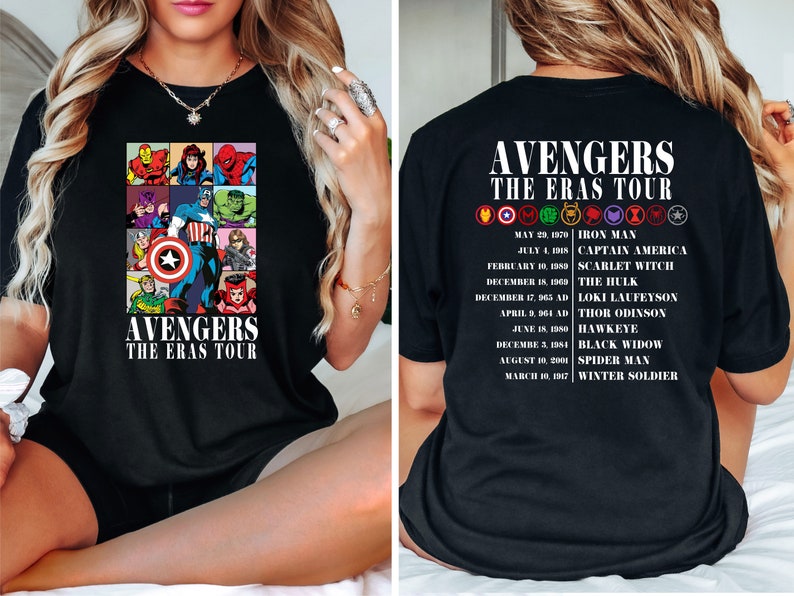 May include: Black t-shirt with a graphic of the Avengers characters and the text "Avengers The Eras Tour". The back of the shirt lists the Avengers characters and their first appearances in the Marvel Cinematic Universe.