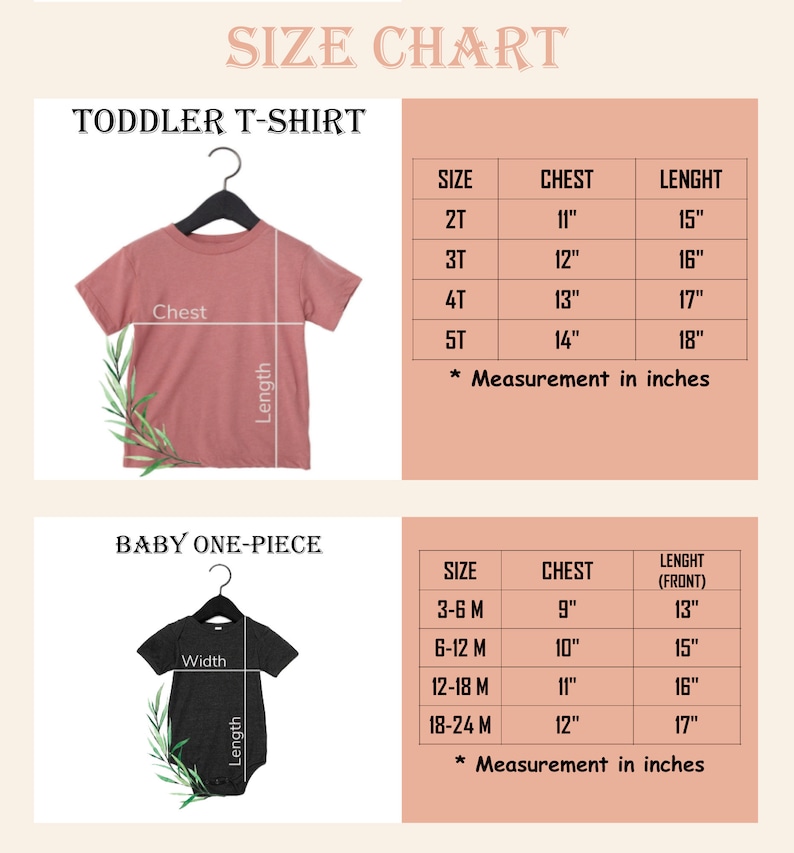 May include: A size chart for a toddler t-shirt and baby one-piece. The toddler t-shirt is mauve, and the baby one-piece is dark gray. Both are on black hangers. Tables list sizes 2T-5T and 3-24 months with chest and length measurements in inches.