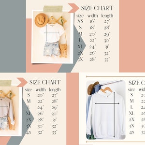 May include: Size chart for a white t-shirt, white hoodie, and a grey sweater. The chart shows the size, width, and length in inches. XS: 16" width, 27" length. S: 18" width, 28" length. M: 20" width, 29" length. L: 22" width, 30" length. XL: 24" width, 31" length. 2X: 26" width, 32" length. 3X: 28" width, 33" length.