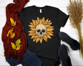 Halloween, Sunflower Shirt, Skull Tee Shirt, Flower Shirt, Garden Shirt, Womens Fall Shirt Sunflower Tshirt Sunflower Shirts. Sunflower Tee