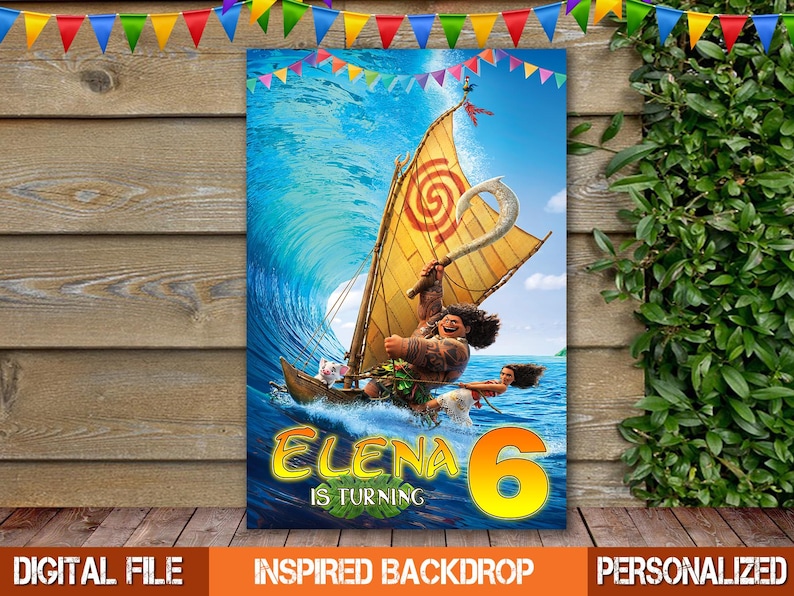 Puede incluir: Un vibrante tel&oacute;n de fondo de cumplea&ntilde;os con una escena de personajes en un barco navegando por una gran ola. El texto "ELENA IS TURNING 6" se muestra en amarillo y azul. Guirnaldas de colores cuelgan sobre la imagen.