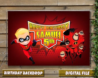 Incredibles-verjaardagsachtergrond: Incredibles-feestdecoraties gepersonaliseerd digitaal bestand