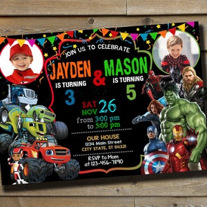 Sibling Birthday Invitation With Photo - Double Birthday Invitation - Dual Combined Twins Birthday Invitation - Blaze Invite - Avengers