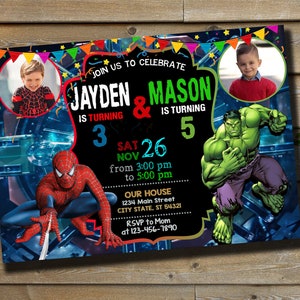 Sibling Birthday Invitation With Photo - Double Birthday Invitation - Dual Combined Twins Birthday Invitation - Spiderman - Hulk