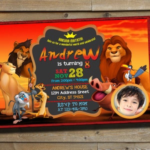 Invitación del Rey León - Invitación de cumpleaños del Rey León - Fiesta de cumpleaños del Rey León - Invitación de Timón, Pumba y Simba - Personalizada
