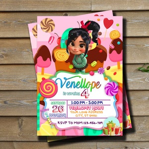May include: A pink and yellow birthday invitation featuring a cartoon character named Venellope from the movie Wreck-It Ralph. The invitation has a candy theme with colorful lollipops, candy canes, and a chocolate cake. The text on the invitation reads "Venellope is turning 4" and includes the date, time, and location of the party. RSVP information is also included.